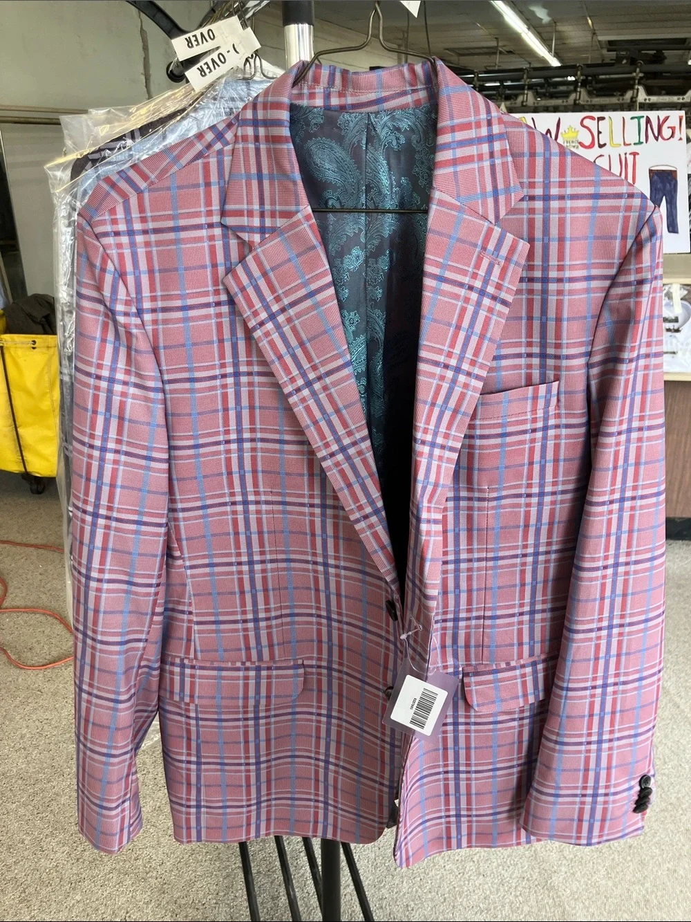 Men's Pink Plaid Blazer with Blue Windowpane - Classic Sportcoat